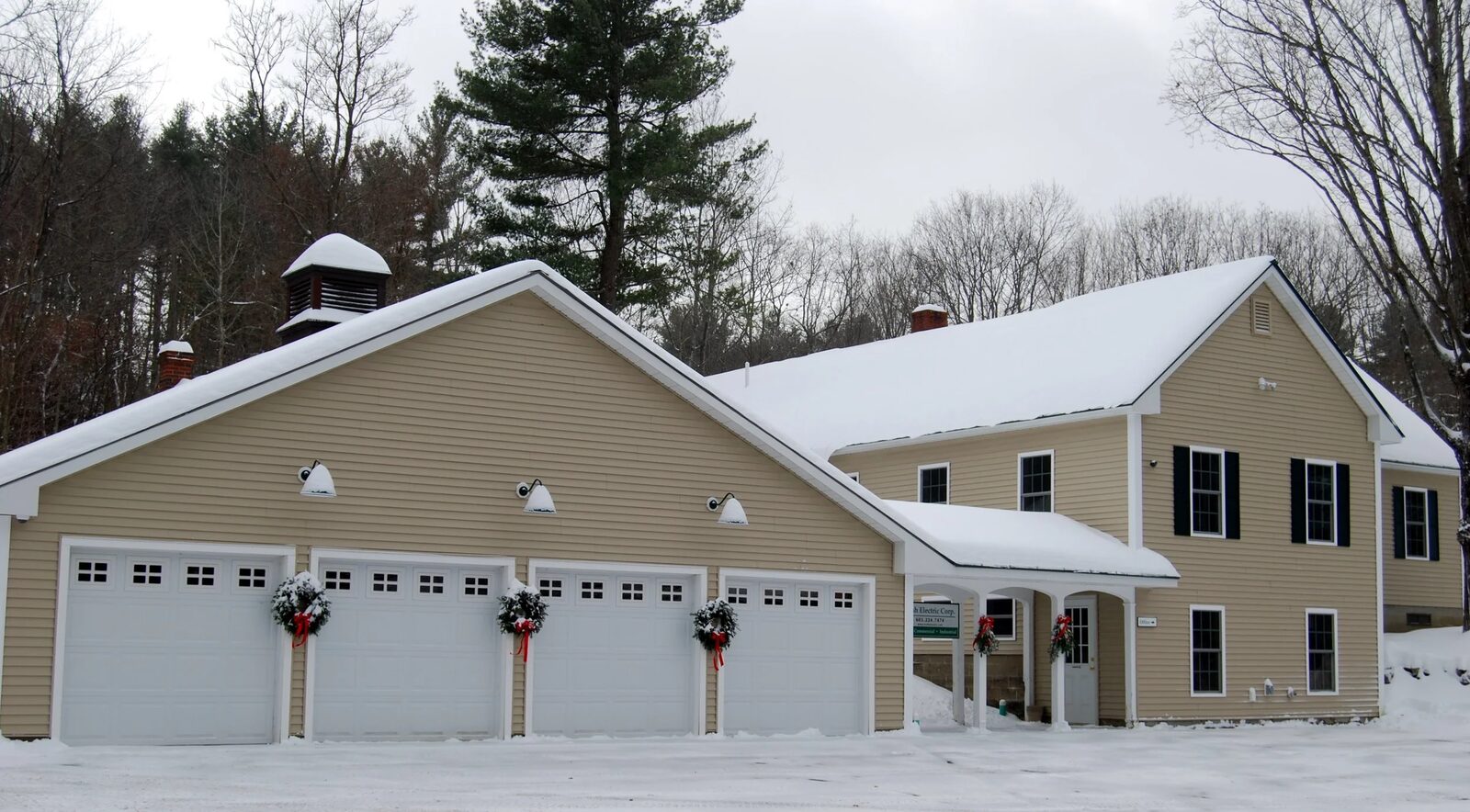 The original Irish Electric office building in Hopkinton, New Hampshire, photographed in winter snow